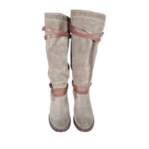 Frye Womens Tall Boots 7.5 Gray Suede Leather Harness Moto Block Heel Bohemian